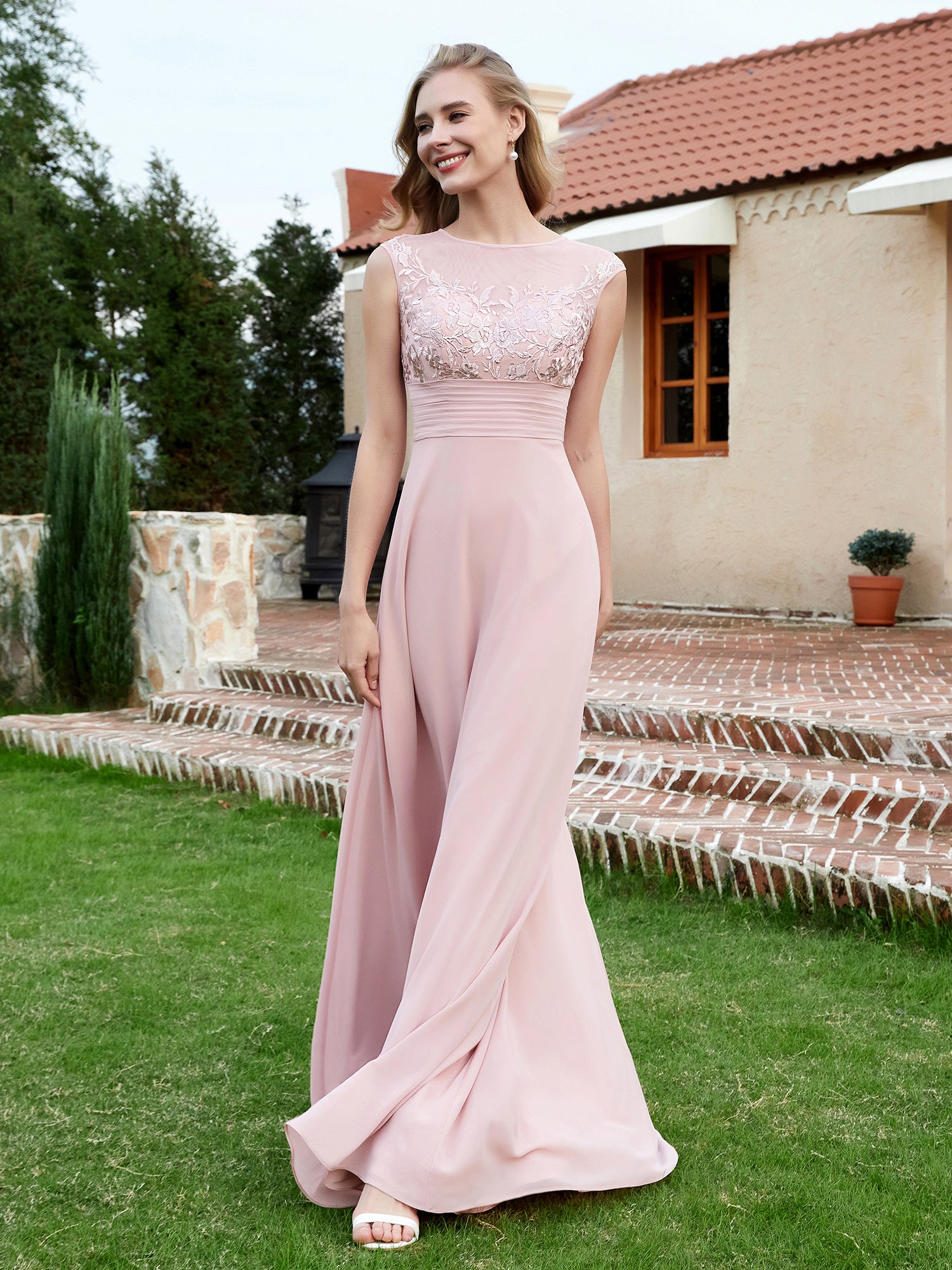 Chiffon And Lace Floor-length A-line Dress Dusty Rose