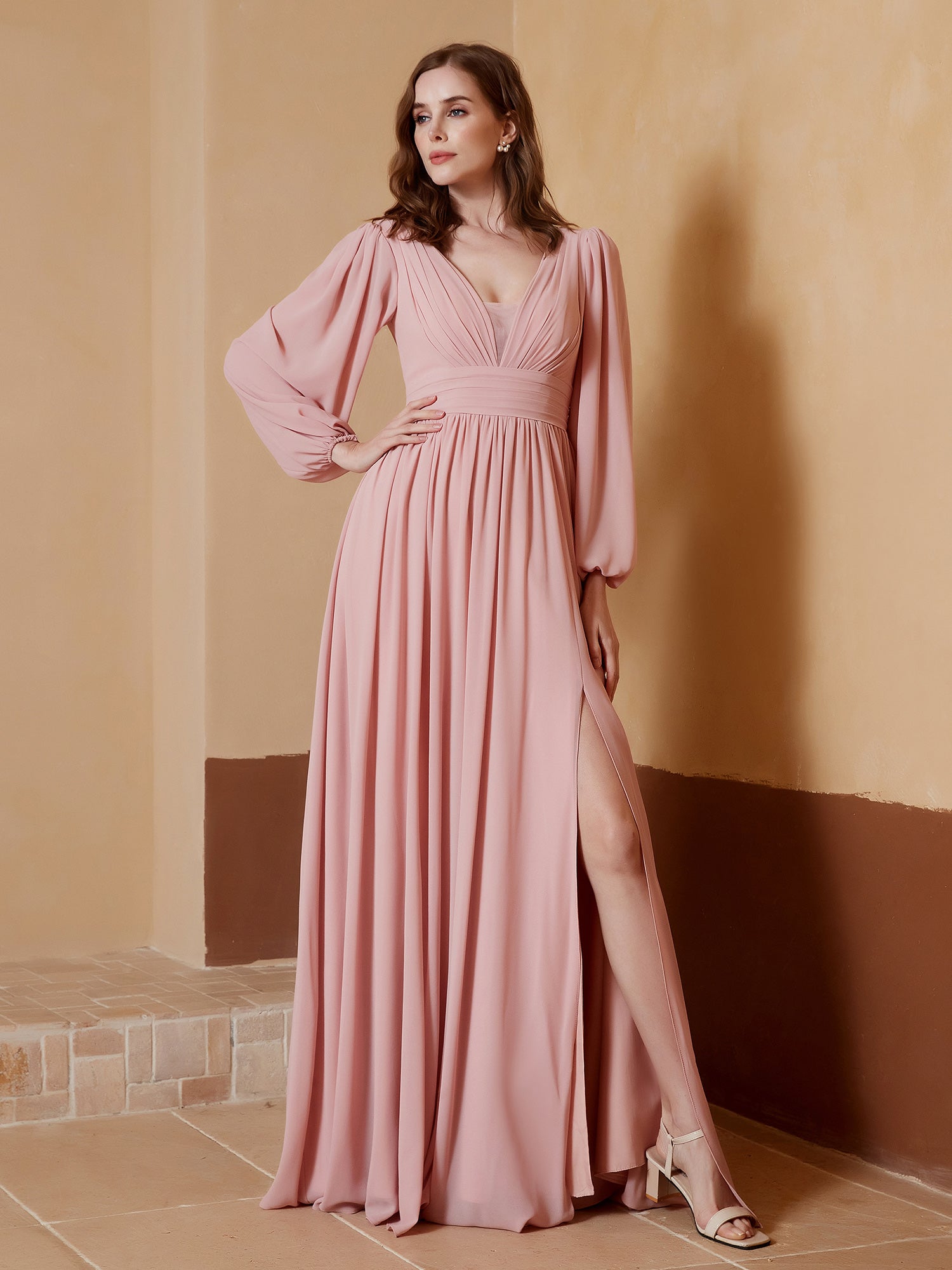 BABARONI Chiffon Dusk Bridesmaid Dresses Plunging V-Neck Floor-length Long Sleeve with Slit A-line, Dusk / US18