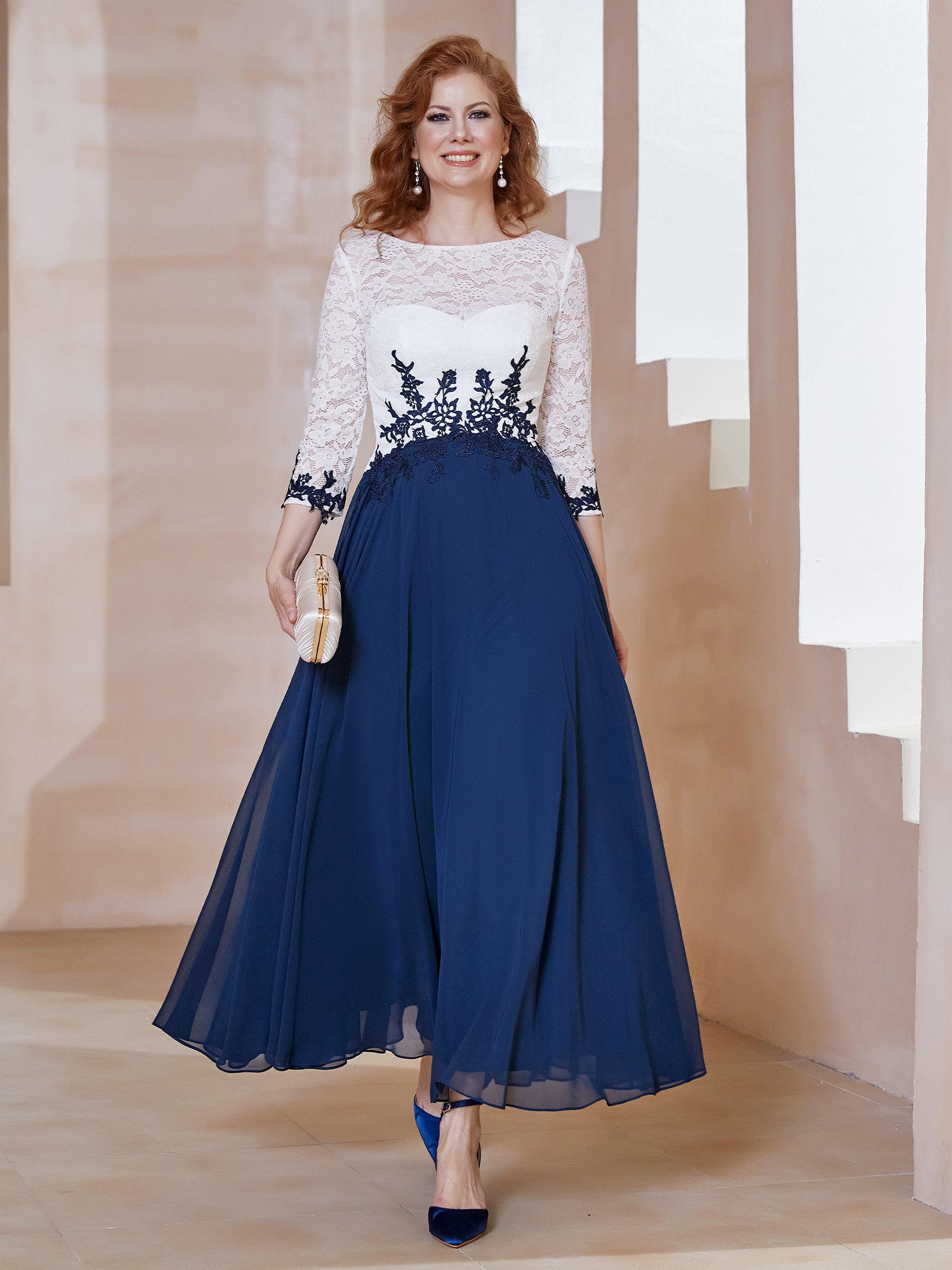 BABARONI Midi Chiffon Mother of the Bride Dress with Illusion Neckline,Ivory Lace Top and Long Sleeves