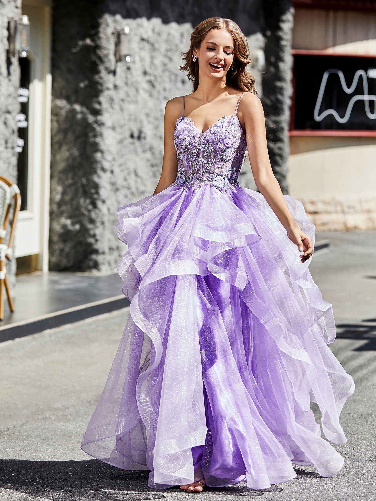 BABARONI Tulle Lilac Prom Dresses A-line Spaghetti Straps Ruffle Ruched Beaded, Lilac / US0