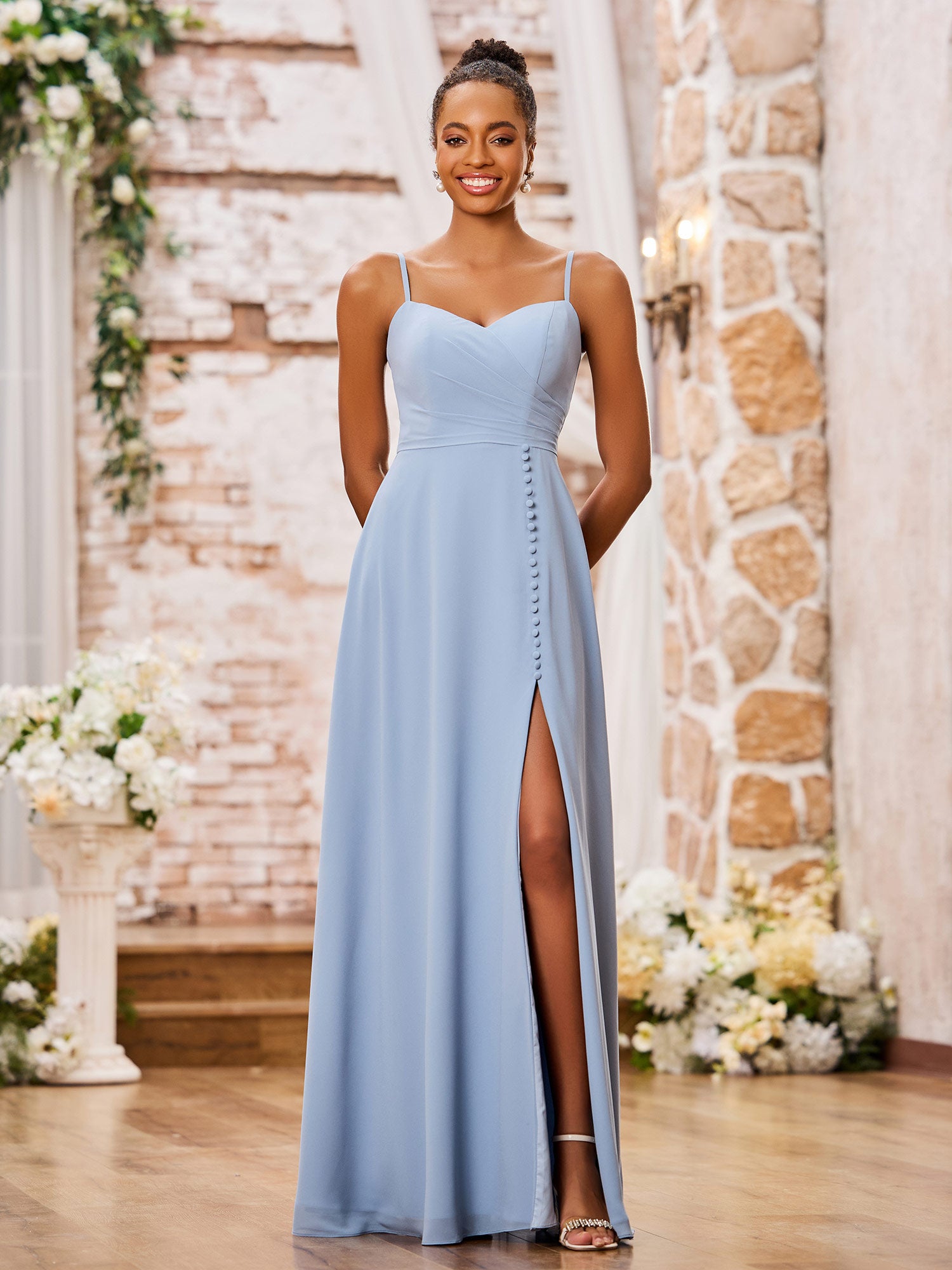 BABARONI Chiffon White Bridesmaid Dresses Sweetheart Floor-length Spaghetti Straps with Slit Pleated A-line, White / US0