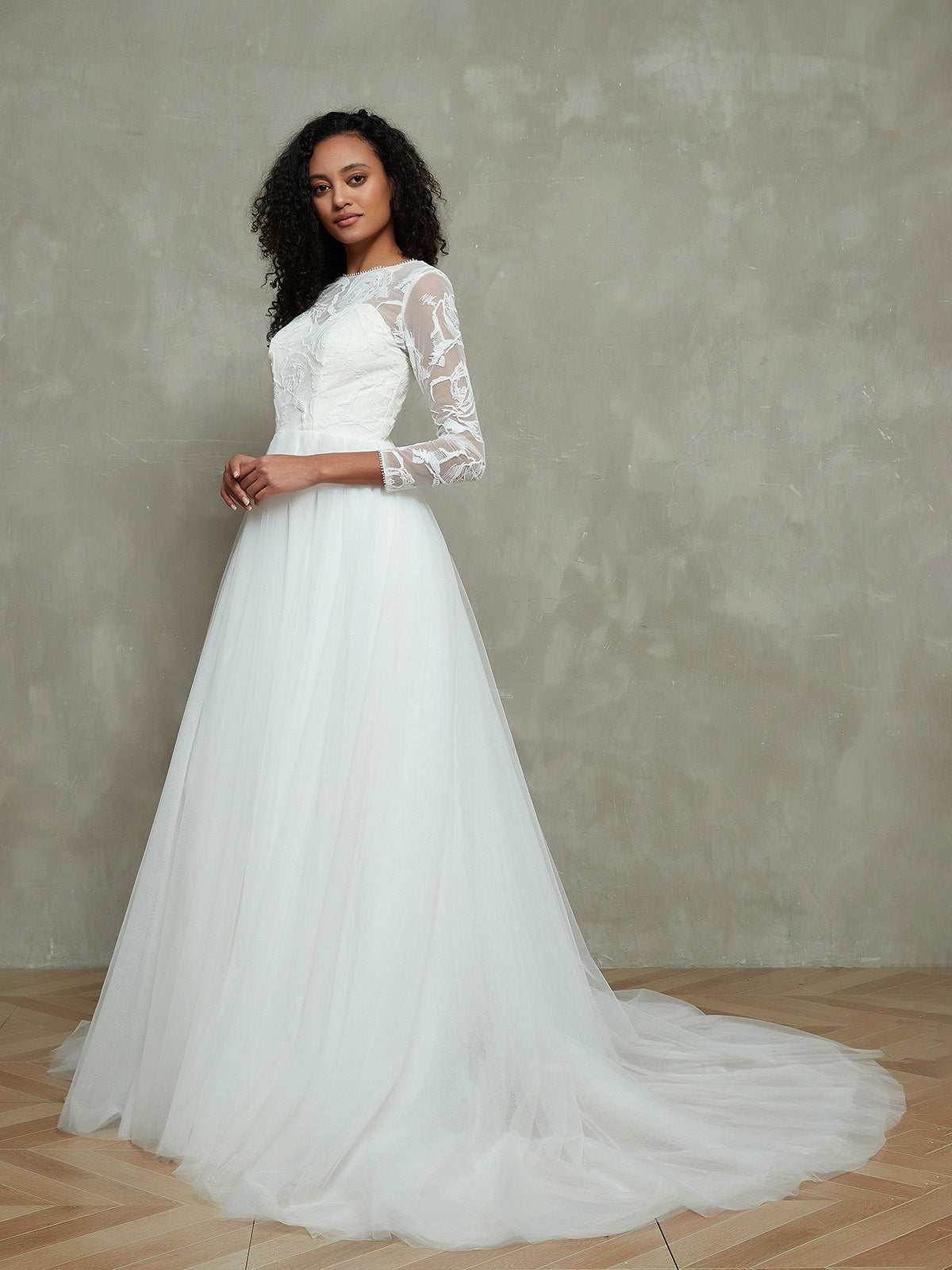 BABARONI Tulle Champagne Wedding Dresses A-line Illusion Long Sleeve Lace Chapel Train, Champagne / US0