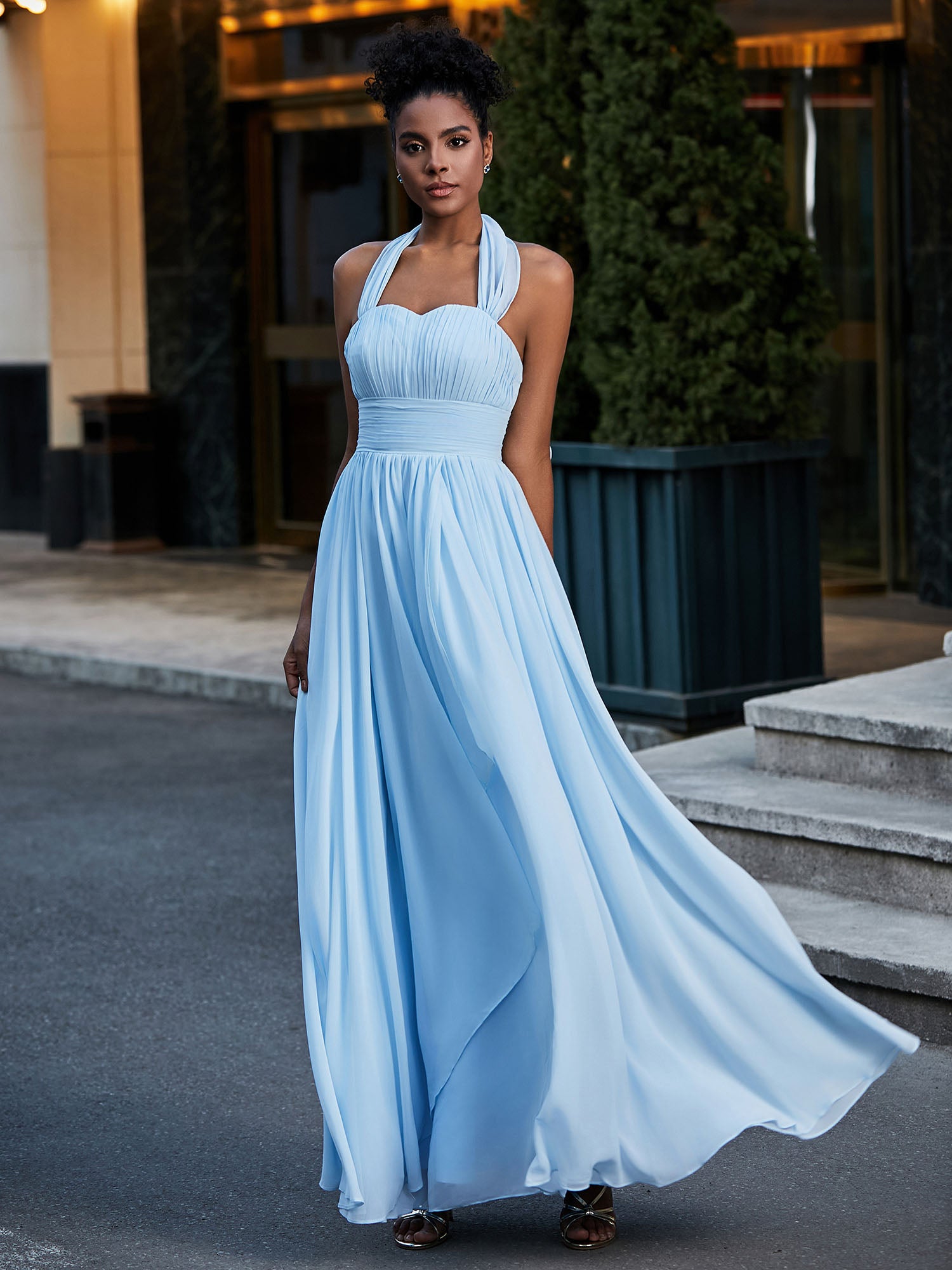 BABARONI Halter Chiffon Dresses with Cascade Skirt-Sky Blue, Sky Blue / US0 BABARONI Halter Chiffon Dresses with Cascade Skirt-Sky Blue, Sky Blue / US0