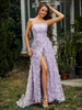 Square Neckline Sweep Train Floral Dress With Slit Lilac