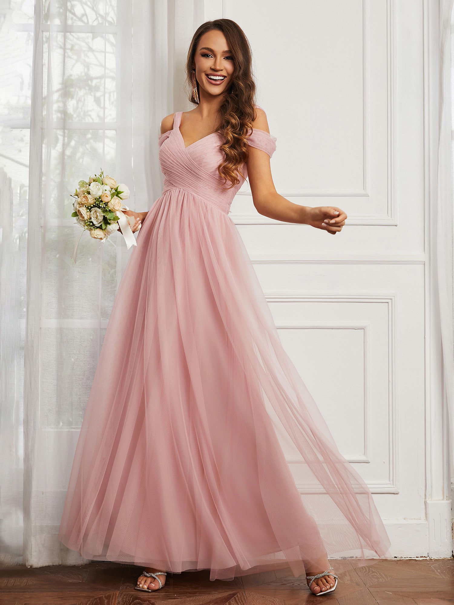 BABARONI Dusty Rose Tulle Bridesmaid Dress Off-the-shoulder Cap Sleeve Maxi Wedding Party Gown