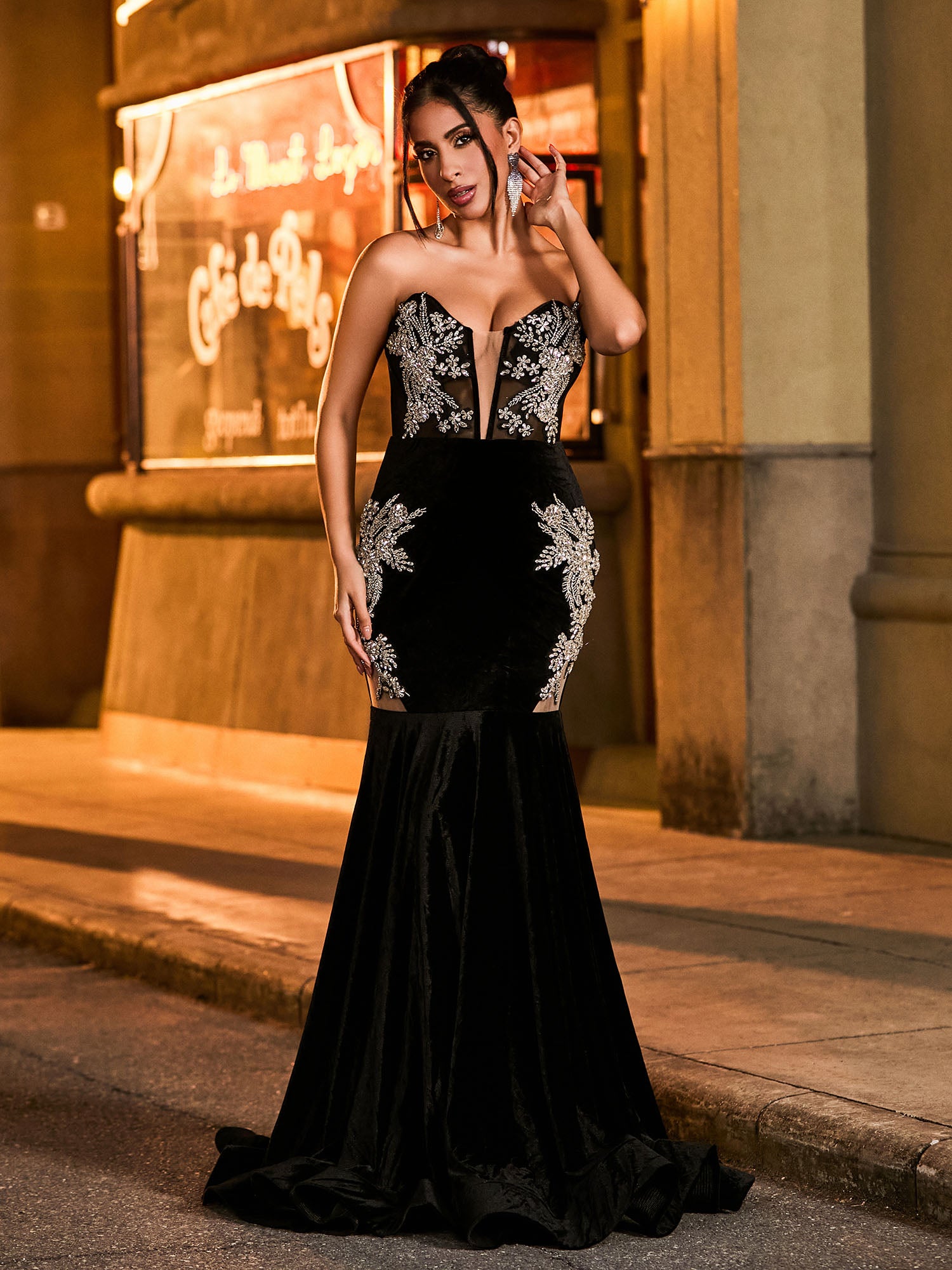 BABARONI Velvet Black Prom Dresses Trumpet/Mermaid Sweetheart