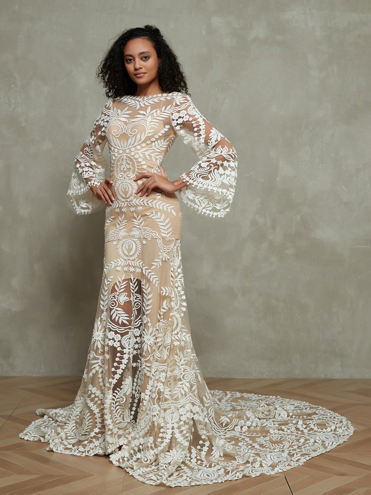 BABARONI Boho Lace Mermaid Birdal Dresses with Long Sleeves-Champagne, Champagne / US0 BABARONI Boho Lace Mermaid Birdal Dresses with Long Sleeves-Champagne, Champagne / US0