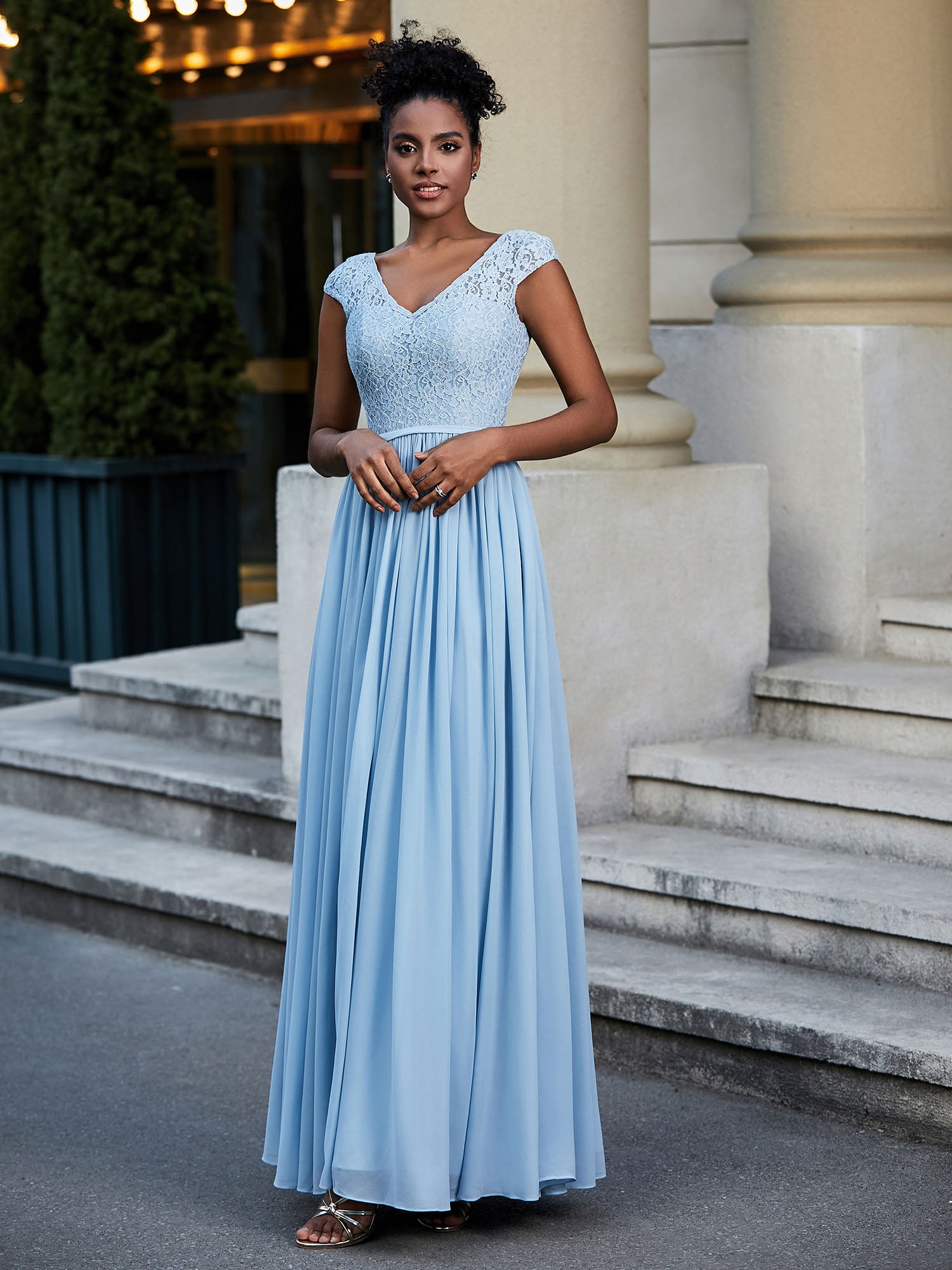 BABARONI Lace and Chiffon Maxi Dress with Cap Sleeves-Sky Blue, Sky Blue / US0 BABARONI Lace and Chiffon Maxi Dress with Cap Sleeves-Sky Blue, Sky Blue / US0