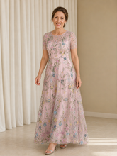 A-line Flower Appliqued Short Sleeve Tulle Illusion Neck Long Dress