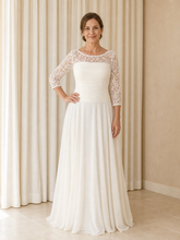 Illusion Neck Pleated Chiffon A-line 3/4 Sleeve Long Dress Ivory