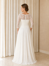 Illusion Neck Pleated Chiffon A-line 3/4 Sleeve Long Dress Ivory