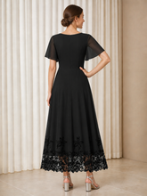 Chiffon Flutter Sleeves Lace Hem Bateau A‑Line Tea-length Formal Dress Black