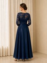 A-line Satin Scoop Neck 3/4 Lace Sleeve Zipper Long Dress Dark Navy