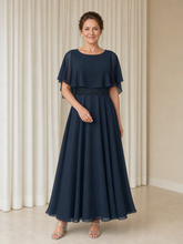 A-line Chiffon Flutter Sleeves Ruffle Tea-length Dress Dark Navy