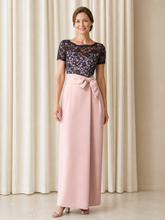 Illusion Short Sleeve Bow Sash Maxi Sheath Stretch Crepe Dress