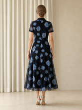 Short Sleeve Floral Midi Belted Mother Of The Bride Dress Black