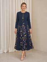 Long Sleeve Elegant Floral Midi Wedding Guest Two‑Piece Suit Dark Navy