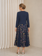 Long Sleeve Elegant Floral Midi Wedding Guest Two‑Piece Suit Dark Navy