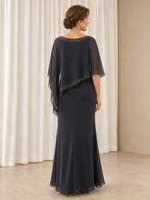 Sheath Beaded Chiffon Cape Overlay Mother Of The Bride Dress