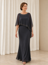 Sheath Beaded Chiffon Cape Overlay Mother Of The Bride Dress