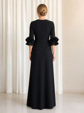 Maxi Dress Jewel Neck Ruffle Half Sleeve Belted Slit Evening Gown Black