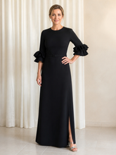 Maxi Dress Jewel Neck Ruffle Half Sleeve Belted Slit Evening Gown Black