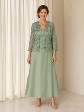 3/4 Sleeve Elegant Sequins Chiffon A-line Midi Two‑Piece Suit Agave