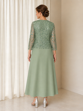 3/4 Sleeve Elegant Sequins Chiffon A-line Midi Two‑Piece Suit Agave