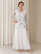 Sequins Floral Chiffon Scoop Tea-length Formal Dress With Jacket White
