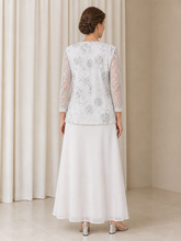 Sequins Floral Chiffon Scoop Tea-length Formal Dress With Jacket White