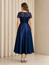 V‑Neck Short Sleeve Lace Satin Midi A-line Formal Gown Dark Navy