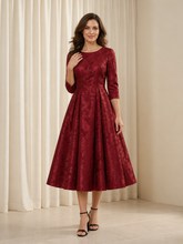 A‑Line Jacquard Round Neck 3/4 Sleeve Midi Pleated Dress Burgundy