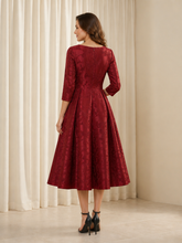 A‑Line Jacquard Round Neck 3/4 Sleeve Midi Pleated Dress Burgundy