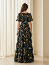 Black Base Colorful Floral Embroidery V‑Neck A‑Line Floor‑Length Dress Black