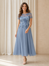 Lace Illusion Neck Short Sleeve Chiffon A‑Line Tea‑Length Dress Dusty Blue