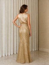 Satin Bateau Neck Sleeveless Sequin Lace Sheath Floor‑Length Gown Champagne