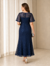 Sequin Leaf Lace Illusion Neck Flutter Sleeve Sheath Tea‑Length Dress Dark Navy