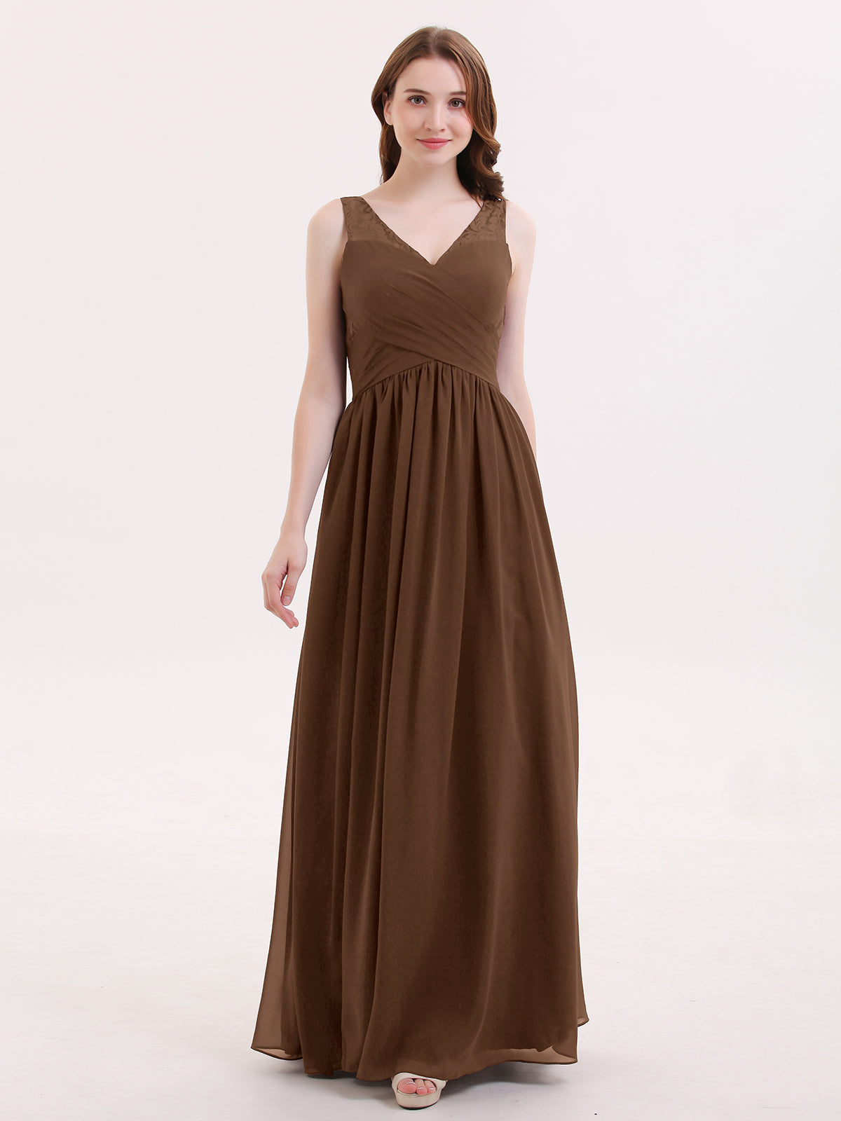 BABARONI V Neck Chiffon and Lace Maxi Bridesmaid Gown Brown, Brown / US0