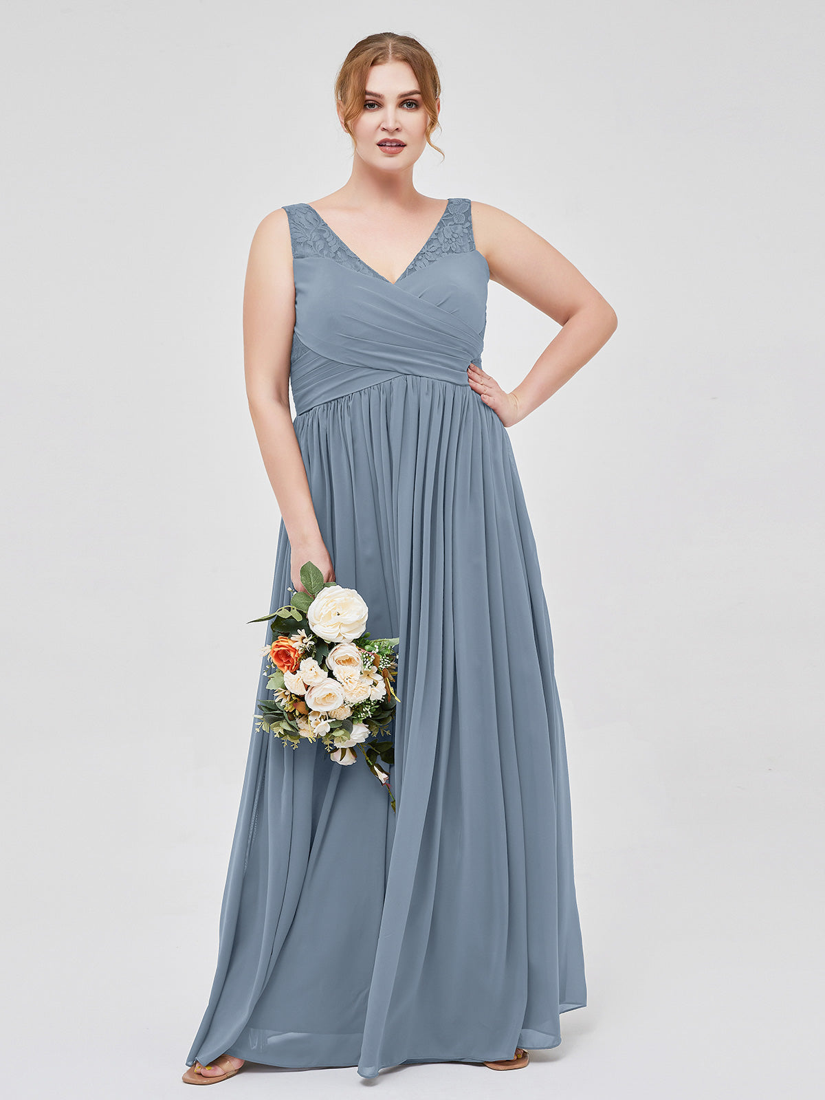 BABARONI V Neck Chiffon and Lace Maxi Bridesmaid Gown Dusty Blue, Dusty Blue / US0