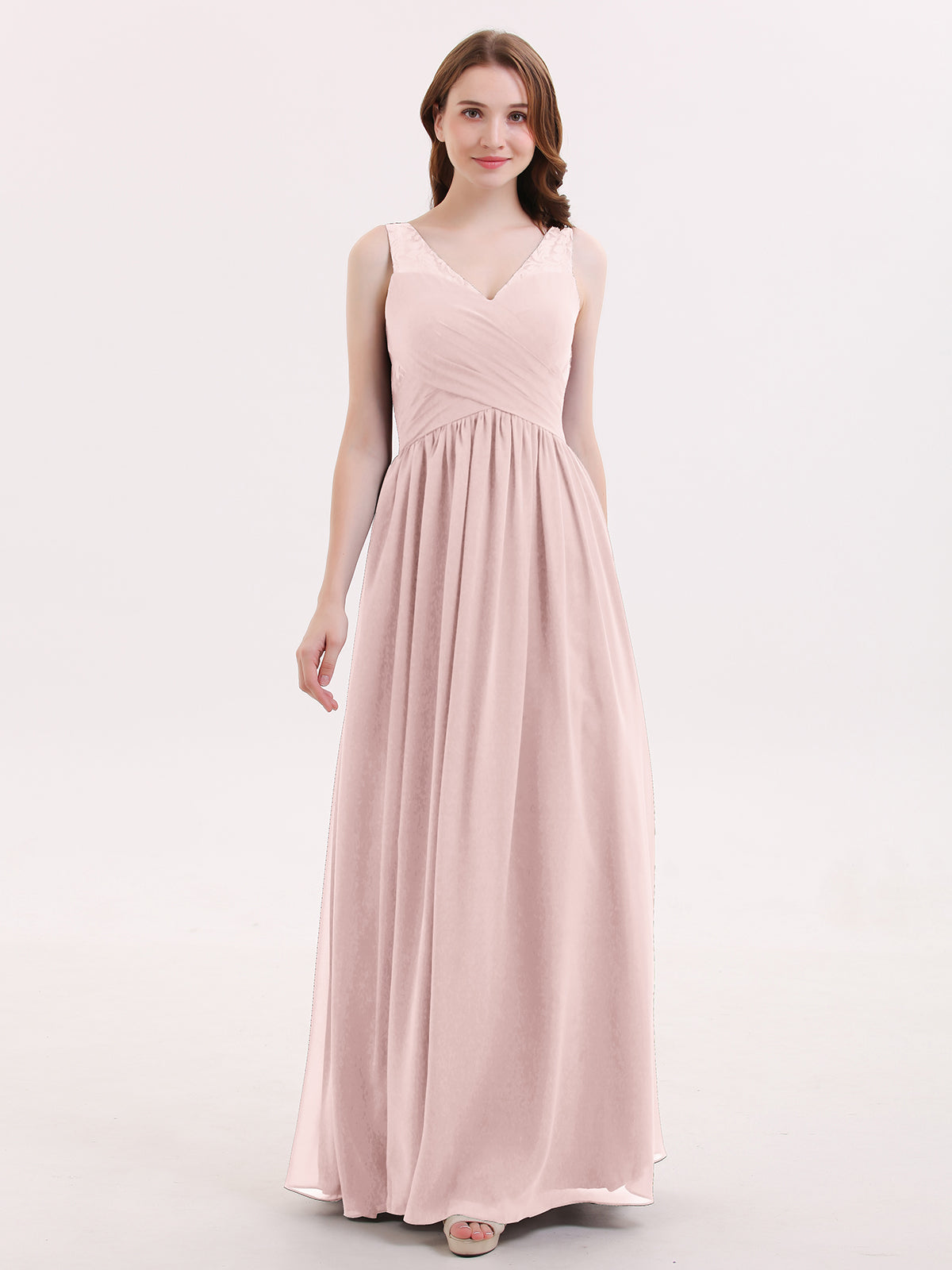 strapless open back dress BABARONI V Neck Chiffon and Lace Maxi Bridesmaid Gown Dusty Rose, Dusty Rose / US0