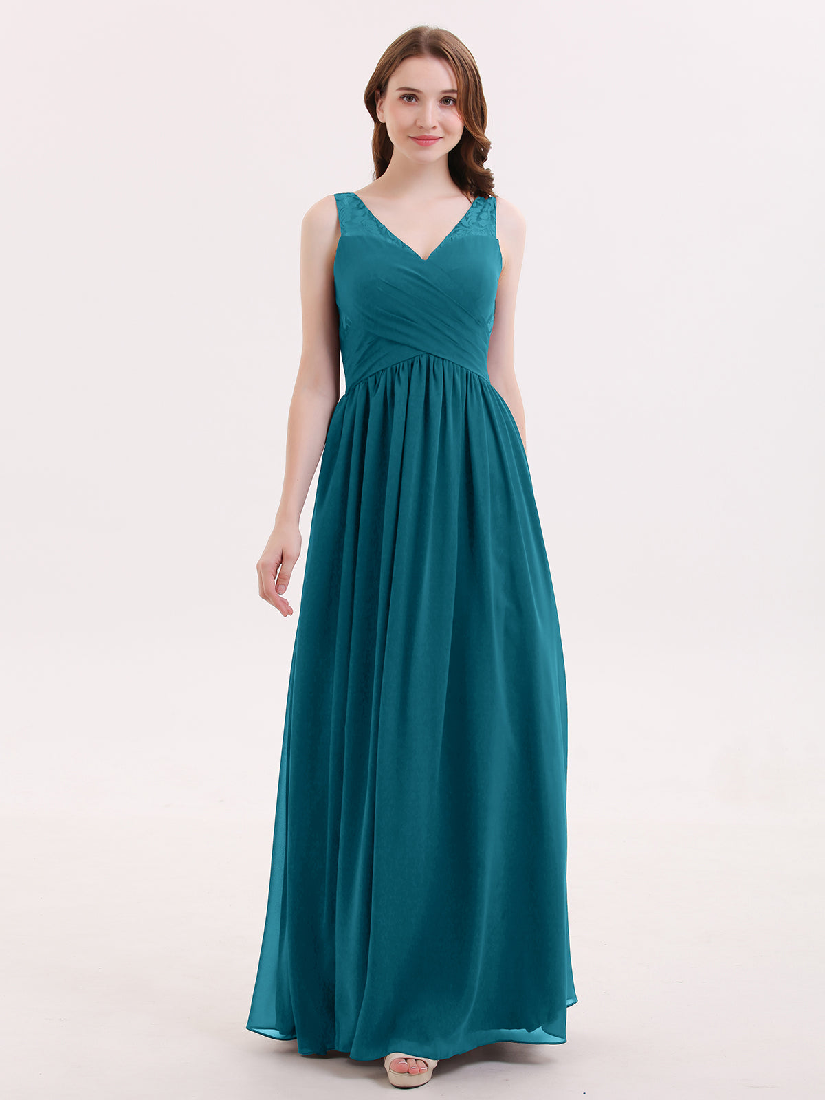 BABARONI V Neck Chiffon and Lace Maxi Bridesmaid Gown Ink Blue, Ink Blue / US0