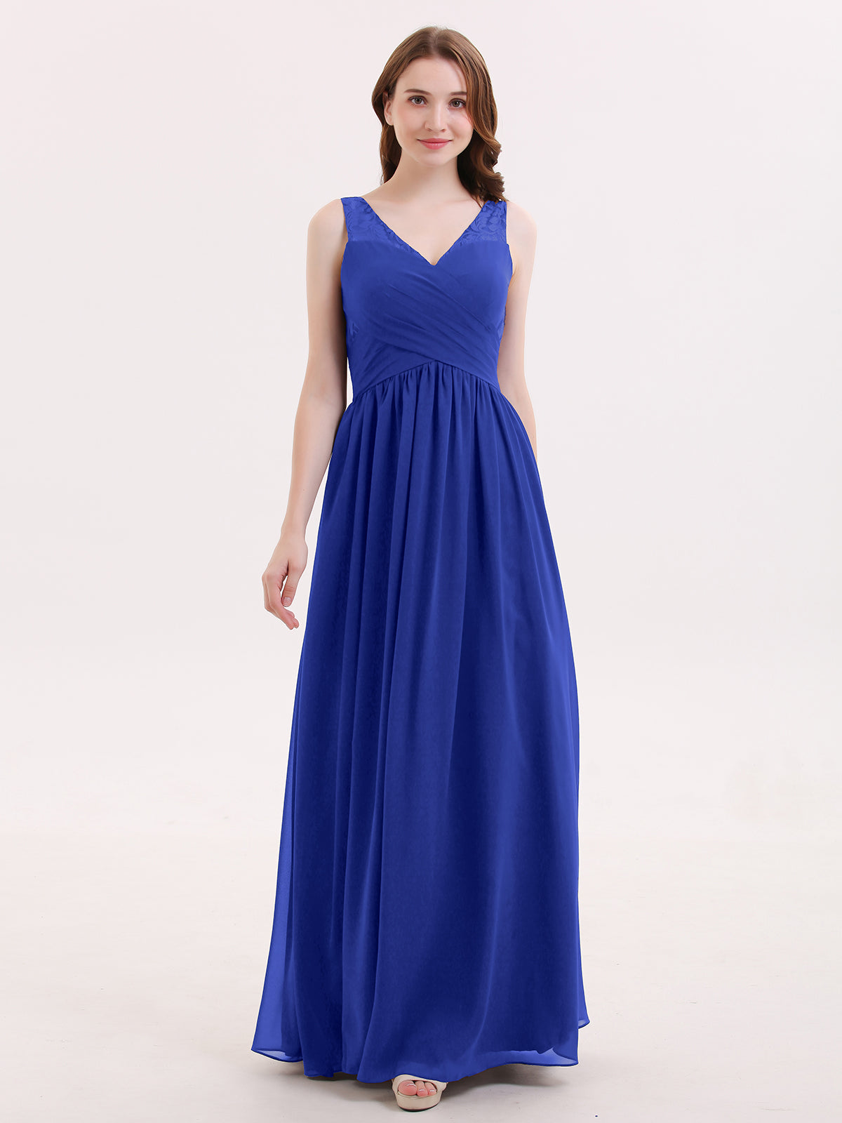BABARONI V Neck Chiffon and Lace Maxi Bridesmaid Gown Royal Blue, Royal Blue / US0
