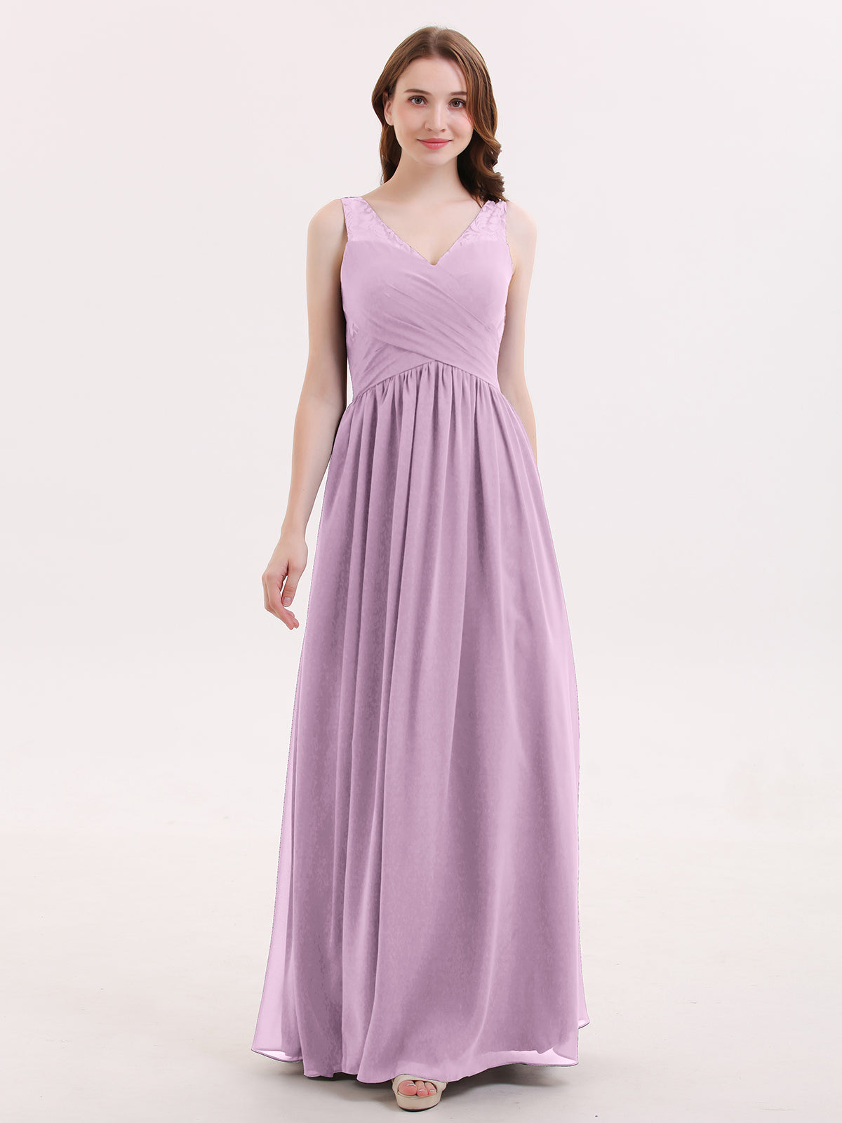 BABARONI V Neck Chiffon and Lace Maxi Bridesmaid Gown Wisteria, Wisteria / US0