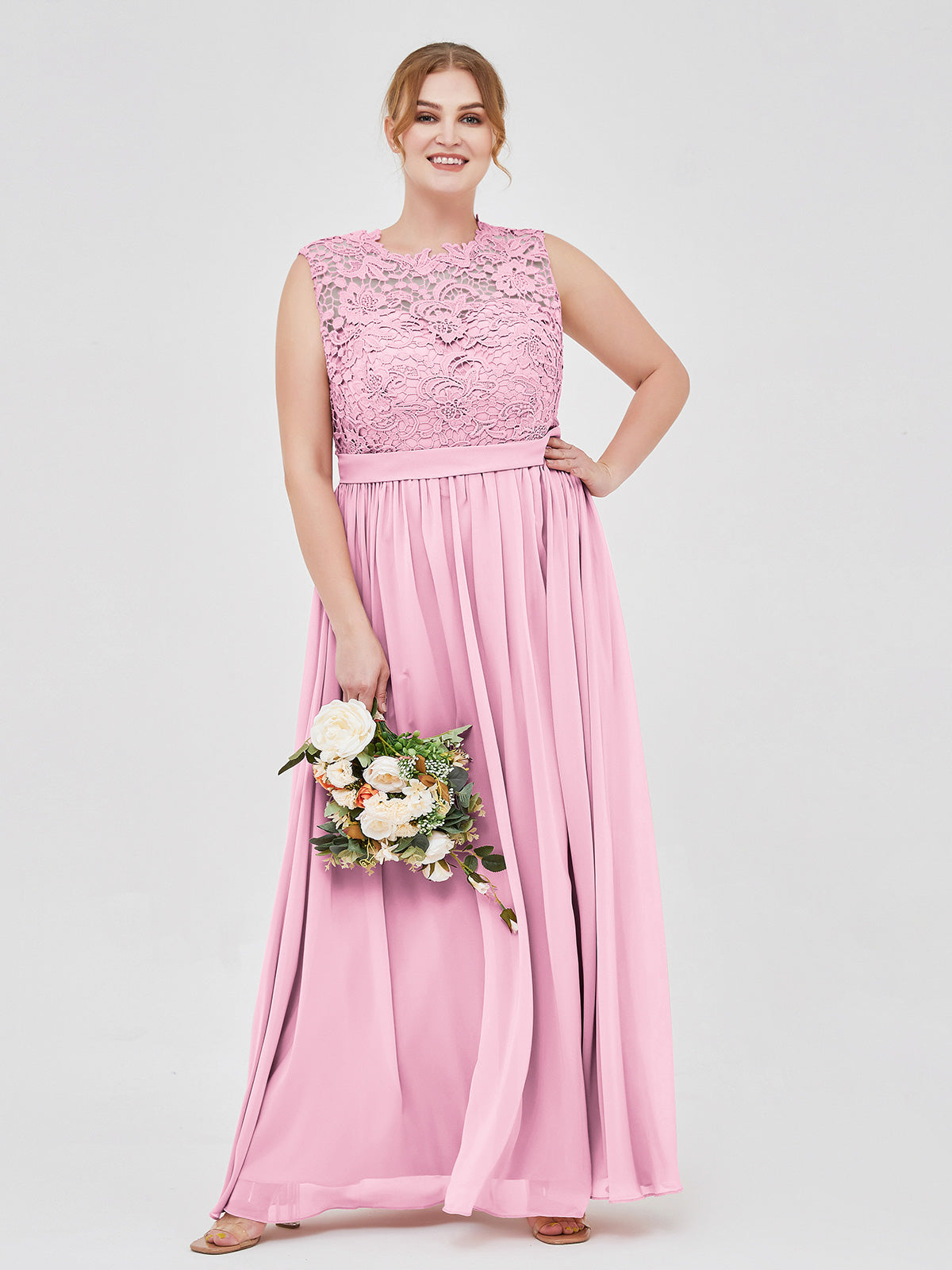 Illusion Neck Chiffon and Lace Dresses Candy Pink – BABARONI