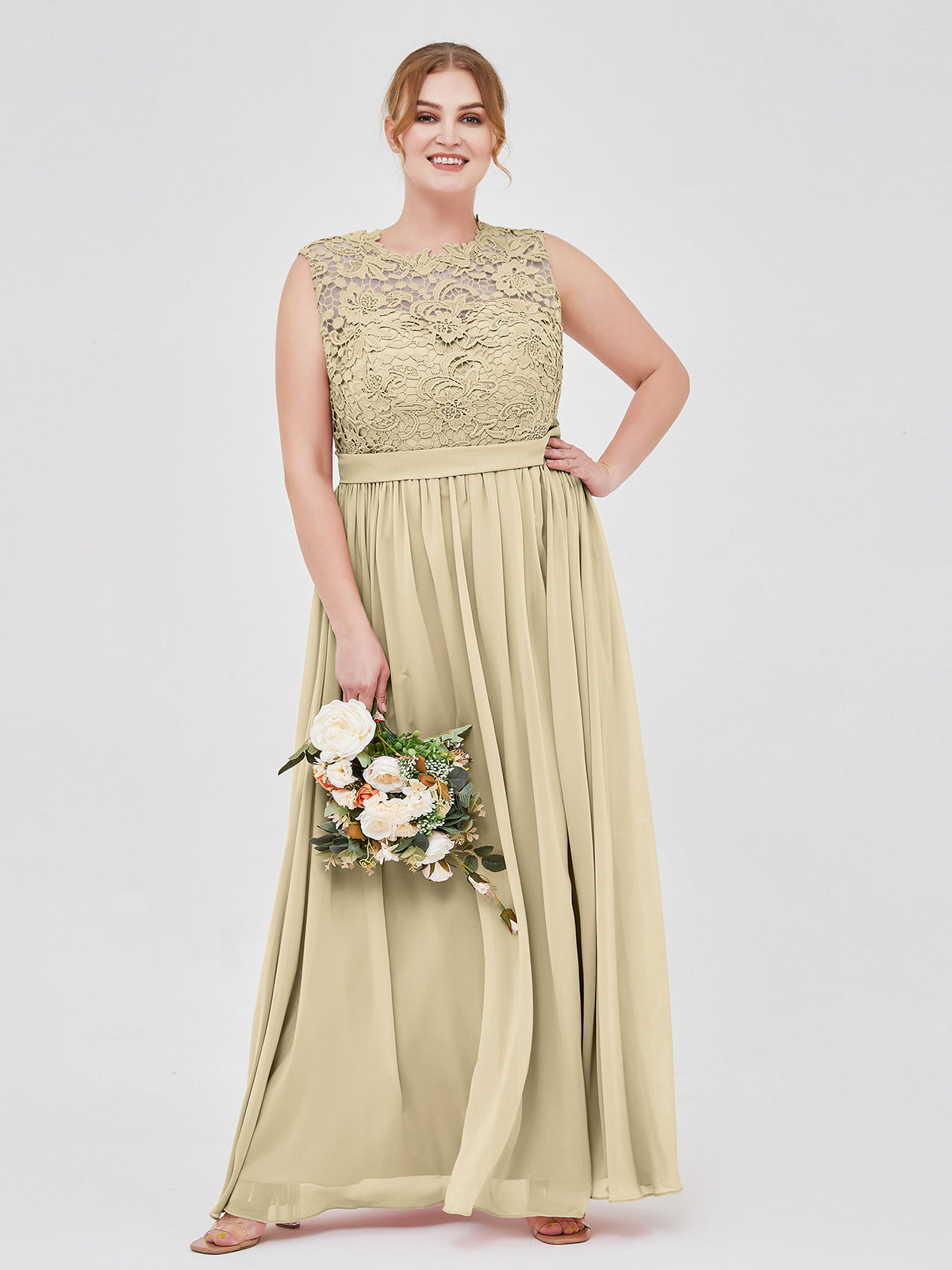 Champagne Plus Size Lace Bodice Chiffon Bridesmaid Dress BABARONI Illusion Neck Formal Gown for Wedding Party