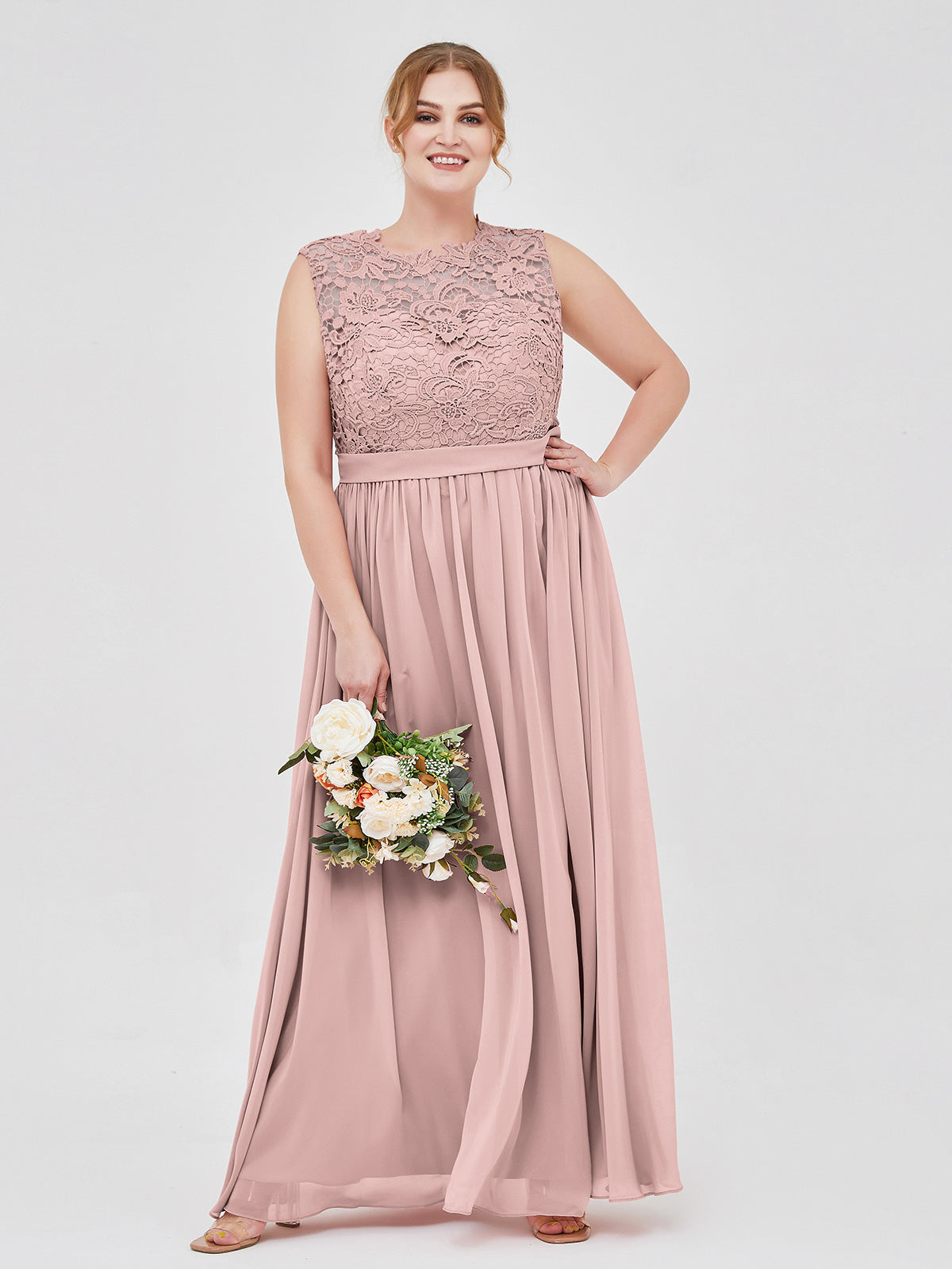 Dusty Rose Plus Size Lace Bodice Chiffon Bridesmaid Dress BABARONI Illusion Neck Formal Gown for Wedding Party Dusty Rose Plus Size Lace Bodice Chiffon Bridesmaid Dress BABARONI Illusion Neck Formal Gown for Wedding Party