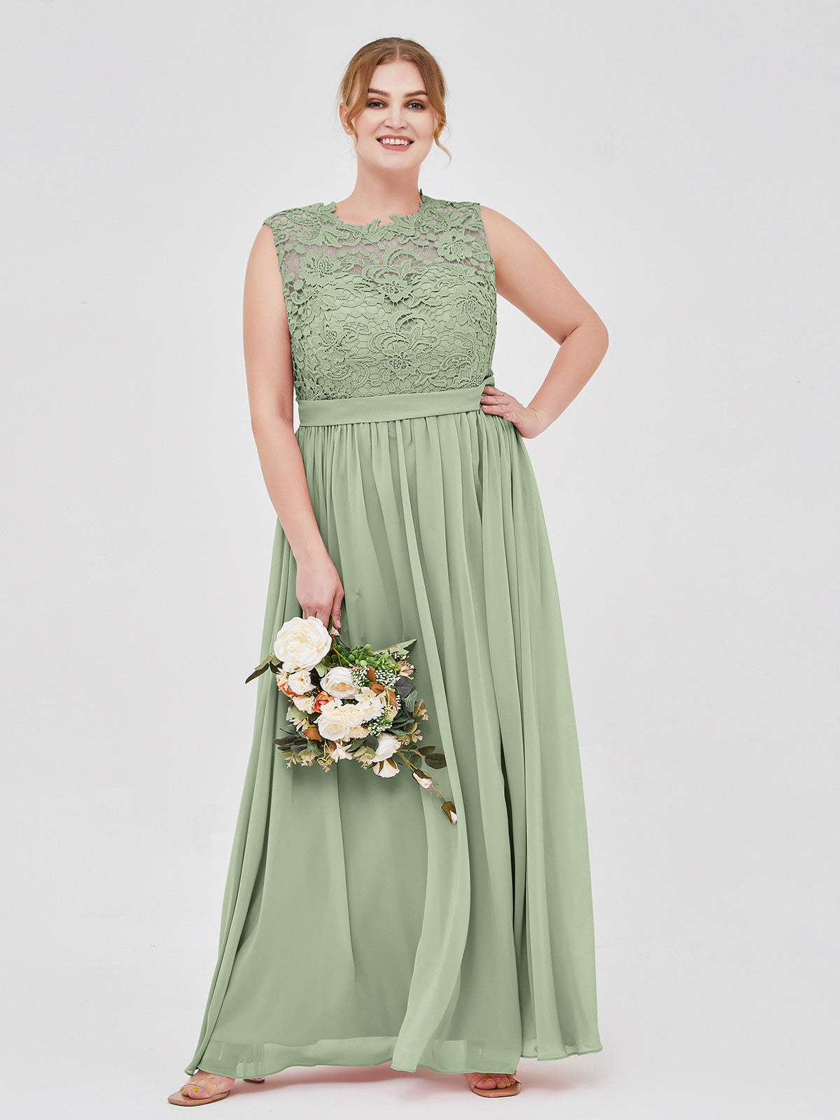 Dusty Sage Plus Size Lace Bodice Chiffon Bridesmaid Dress BABARONI Illusion Neck Formal Gown for Wedding Party