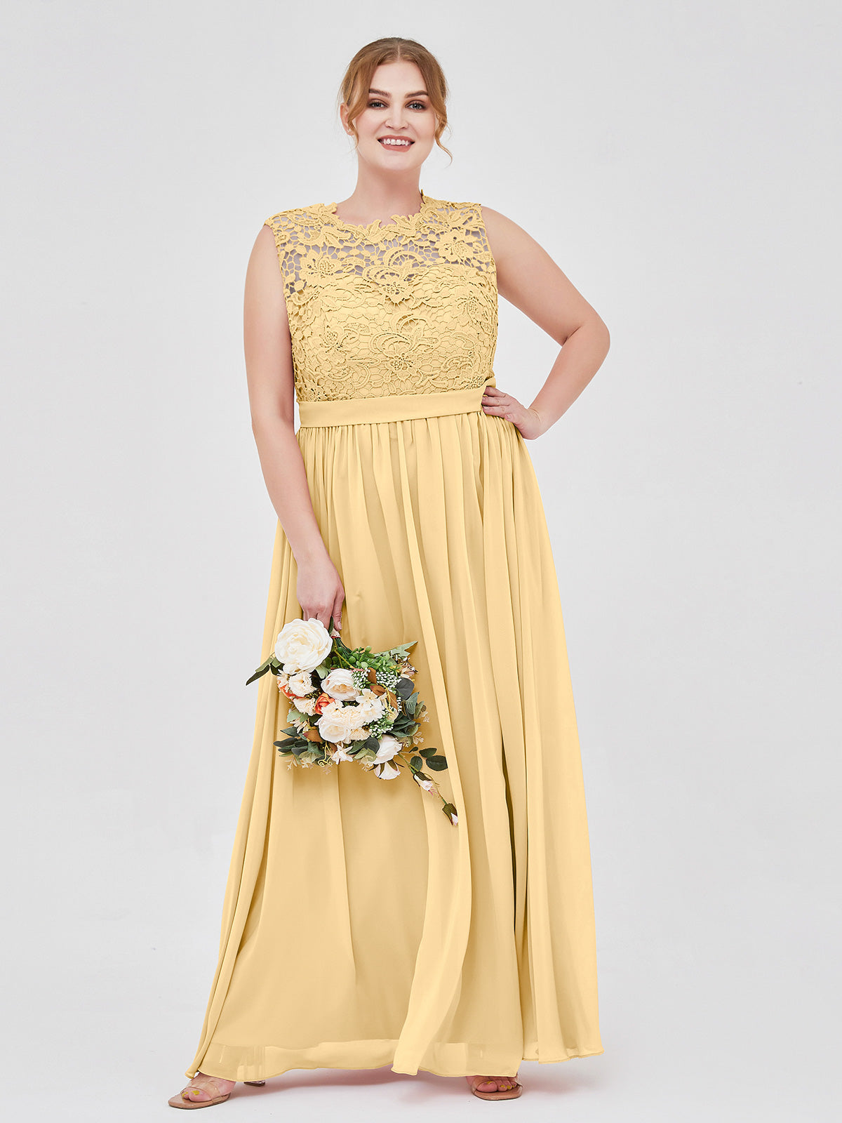 BABARONI Illusion Neck Chiffon and Lace Dresses Gold, Gold / US0