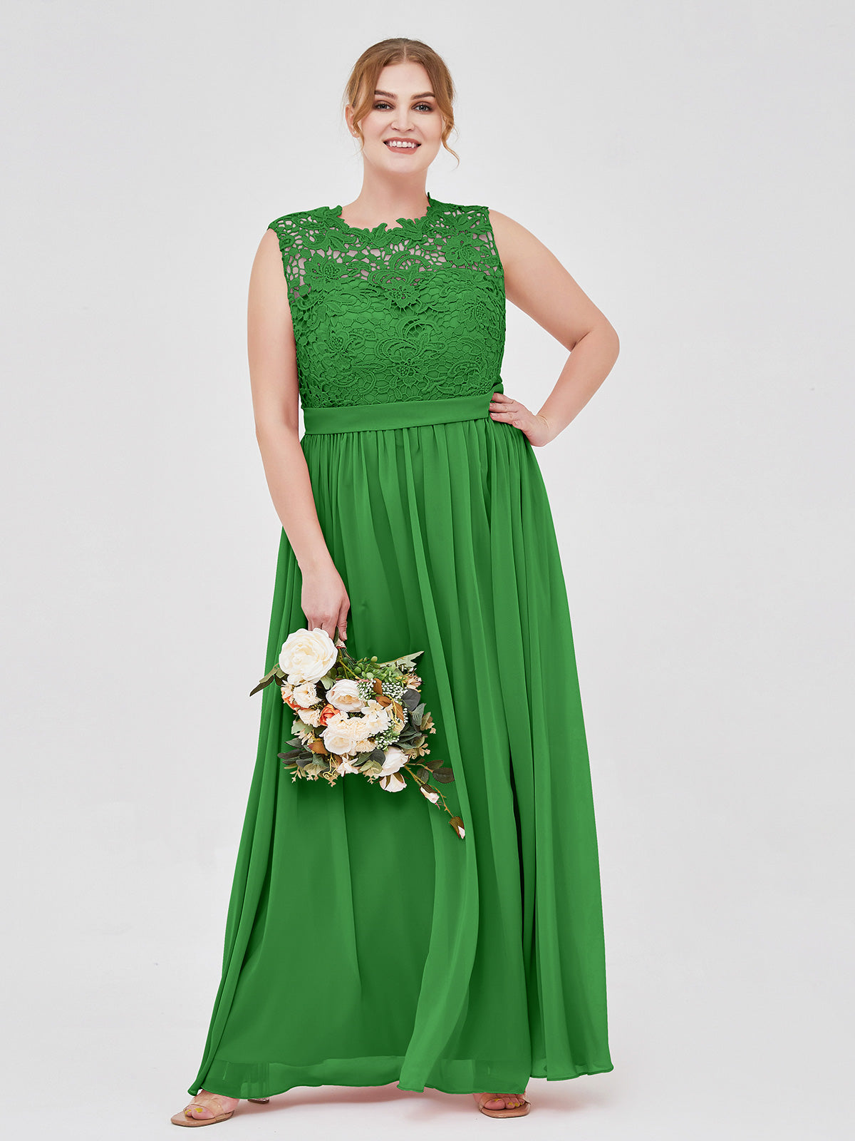 Green Plus Size Lace Bodice Chiffon Bridesmaid Dress BABARONI Illusion Neck Formal Gown for Wedding Party