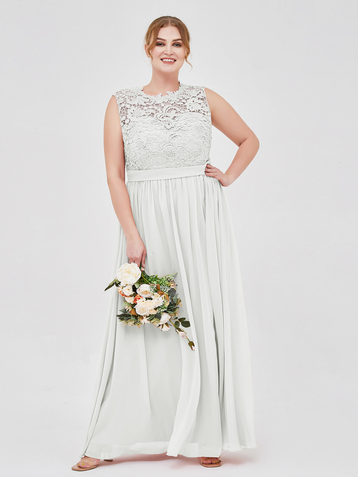 BABARONI Illusion Neck Chiffon and Lace Dresses Ivory, Ivory / US0 BABARONI Illusion Neck Chiffon and Lace Dresses Ivory, Ivory / US0